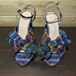 BNWOT rainbow Loeffler Randall Camellia pleated bow heel with ankle strap