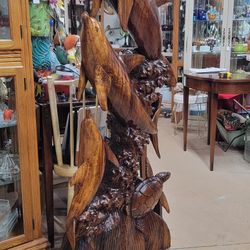 Beautiful hand Carved Piece Swimming Dolphins With Turtles 