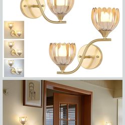 Shenmoyl Battery Operated Wall Sconce, 2-Lights Vinatge Brass Wall Lighting with Amber Tluip Shade Rechargeable Bulb with Remote for Living Room, Bedr