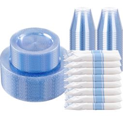 DaYammi 210PCS Blue Glitter Plastic Dinnerware Set For 30 Guests, Fancy Disposable Plates For Party, Include: 30 Dinner Plates, 30 Dessert Plates, 30 