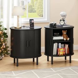 Set of 2pcs Black Mid-Century Oval Nightstand w/Charging Station & Sliding Door 