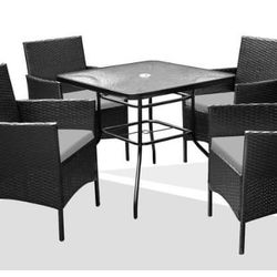 5 Pieces Patio Furniture Dining Set Outdoor Wicker Chairs with Tempered Glass Table, Gray Cushion 300