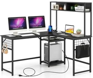 L-Shaped Desk with Hutch and Power Outlets – New