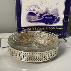 Vintage Crystal And Silver Plate Triple Server Dish 