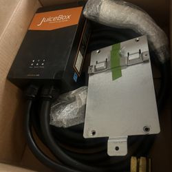  JuiceBox Pro 40 Amp electric vehicle charging station, packaged with its necessary mounting bracket.