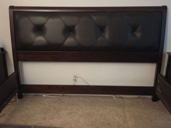 Bassett CA King Bed frame - solid wood and leather, brown
