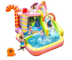 Inflatable Water Slide Bounce House for Kids, Candy Style, Blow up
450W Blower, Splash Pool, Climbing Wall, Water Cannon, 840D Oxford, Birthday Gifts 