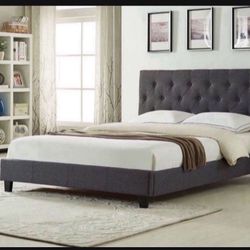Brand New In Box Full Size Dark Grey Linen Upholstered Bed With Mattress. Assembly Required, We Can Deliver, Cama Con Colchon.
