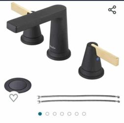 0042: Matte Black Brass Bathroom Faucet, 2-Handle 8-Inch Widespread Modern Bath Black Bathroom Sink Faucet 3-Hole Rv 8" Vanity Faucets with Metal Pop-