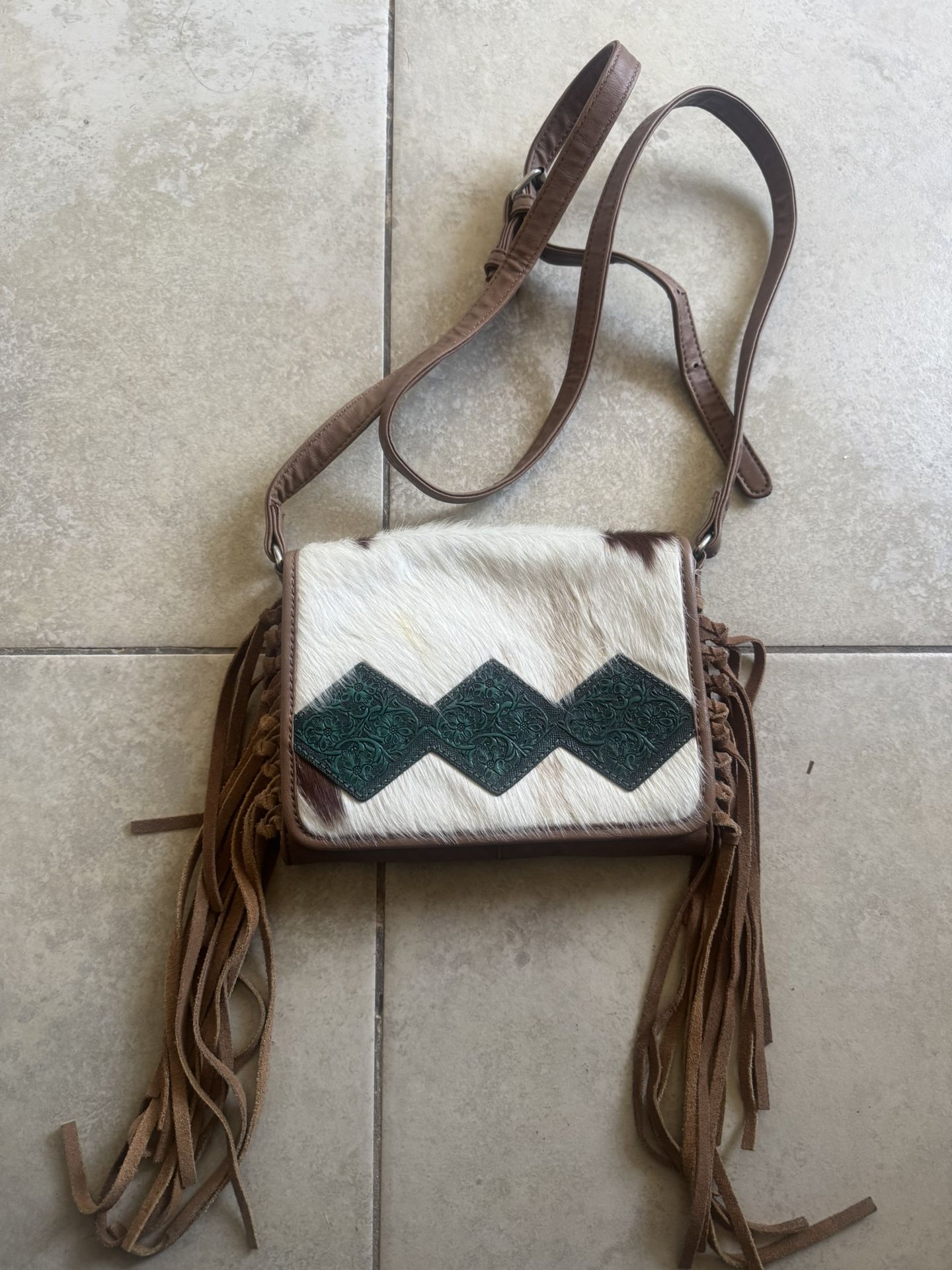 Shyanne Crossbody Cowhide brown leather fringe with turquoise purse / bag women
