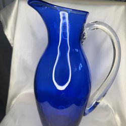 Vintage Cobalt Blue Art Glass Pitcher - Hand Blown 11.5” - Applied Handle & Pontil
