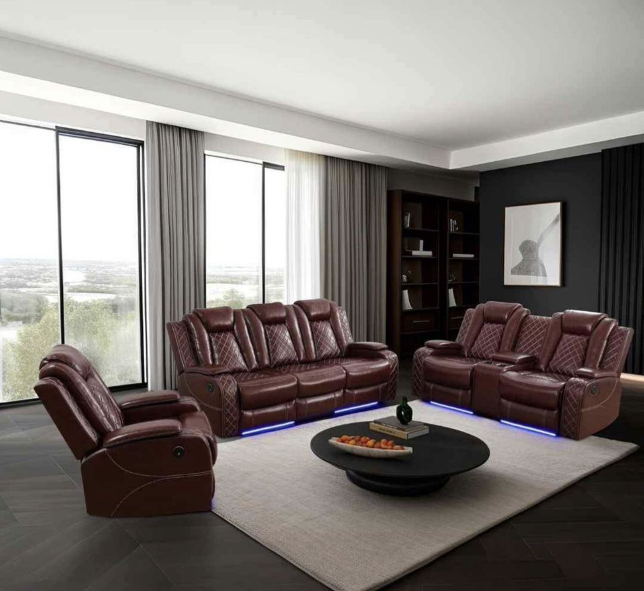 Power Electric Brown Leather Fully Reclining Three Piece Couch Set