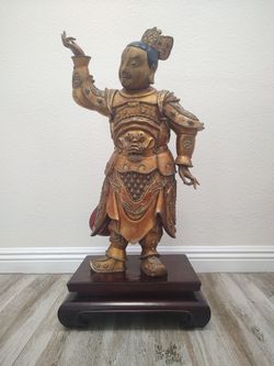 Magnificent Antique Gilt Wood Chinese Guardian General / Celestial Warrior Statue