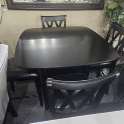 Brand New Black Counter High Dining Table With Shelf (40×40×36H) + 4 Black Faux Leather Chairs