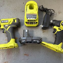 Ryobi 18V Drill Bundle-Clean-1/2” Drill-Driver, 1/4”Brushless Impact,  Fast Crgr./Battery 