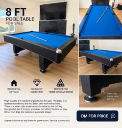 8 FT Pool Table Black with Blue Felt