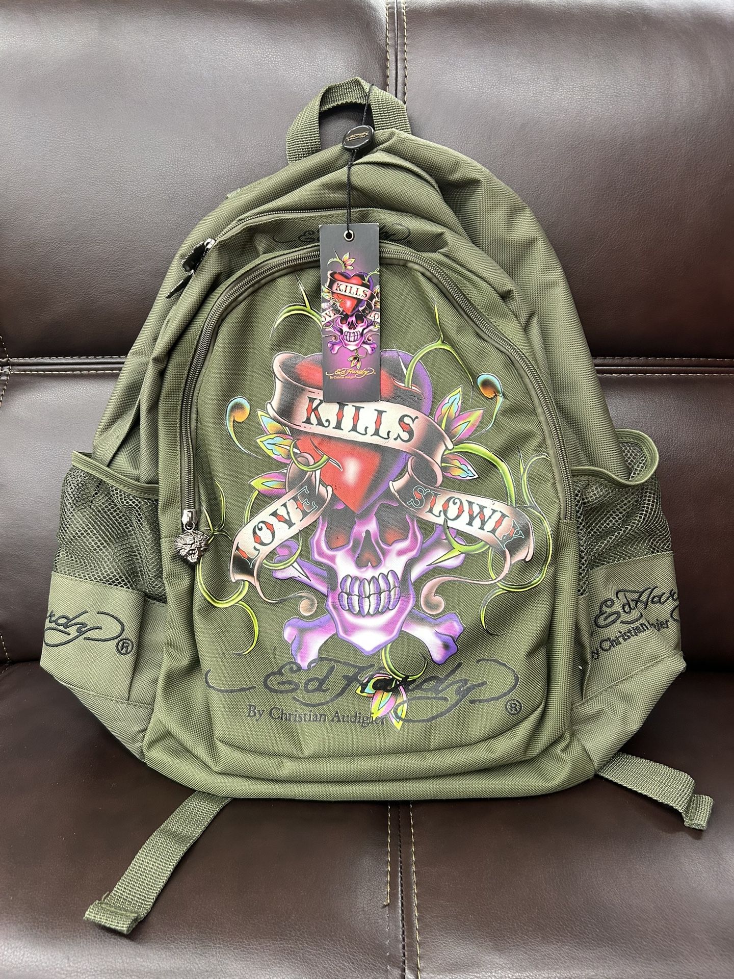 Vintage Y2K Ed Hardy Backpack Love Kills Slowly Army Green
