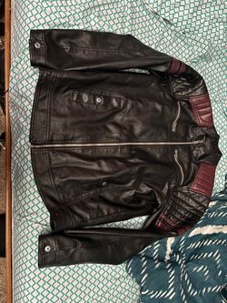 Black Leather Moto Jacket with Burgundy Accents