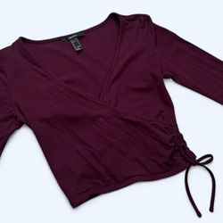 Forever 21 Women’s Small Burgundy V-neck Wrap Long Sleeve Crop Top with Tie Detail