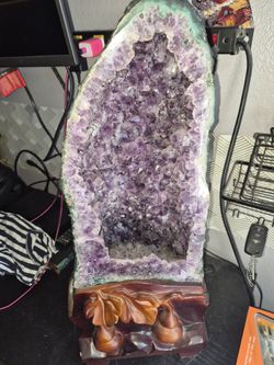 Large Amethyst Crystal Geode Cathedral with Wood Stand
