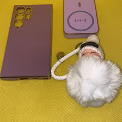 Phone Case For Galaxy S 24 Ultra, Magnetic Charger. Pom-Pom Keychain.