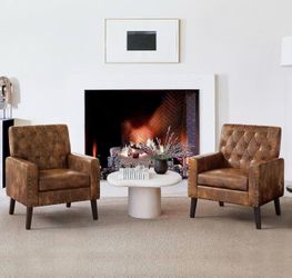 Set Of 2 LUE BONA Yellowish Brown Faux Leather Accent Chairs Set of 2 18.5" H, Button Tufted Arm Chairs, Comfy Living Room Chair with Arms, Upholstere