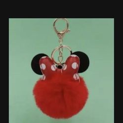 Micky Cartoon Bow Pom Pom Keychain with Mouse Ears And Polka Dots, Fluffy Pom Pom Keychain for Handbags, Backpacks, Wristband Charms 