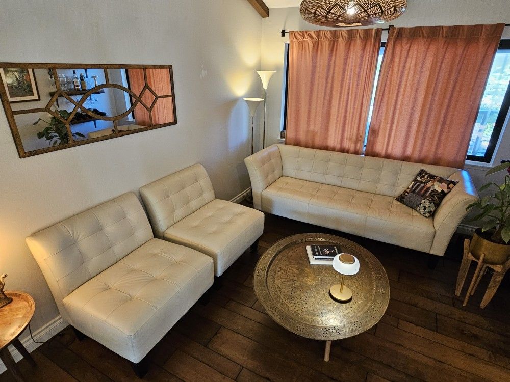 Cream/ White Leather Sofa + 2 Chairs