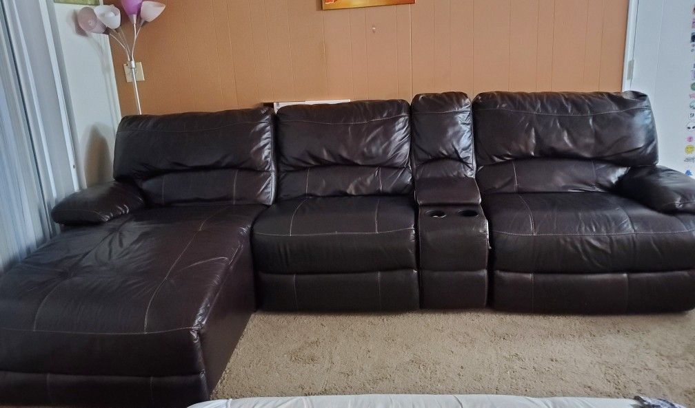 Sectional Reclining Sofa With Console And Lounge For Sale