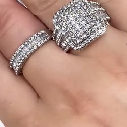 Brand new 2 Pcs/set 925 Silver Plated Bridal Wedding Zircon Ring For Women Engagement Proposal Gift Jewelry size 8 each $25