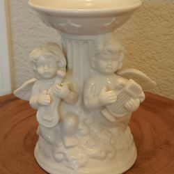 Vintage White Glazed Ceramic Candle Holder with Two Musical Angel Figures