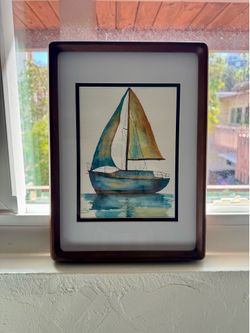 Framed Watercolor Sailboat | Coastal Wall Art | Ready to Hang