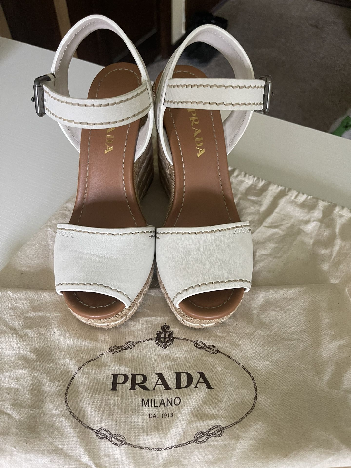PRADA White Leather Wedge Espadrille Platform Sandals Size 37