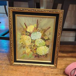 Floral Still Life Painting In An Ornate Gold Frame With A Velvet Mat