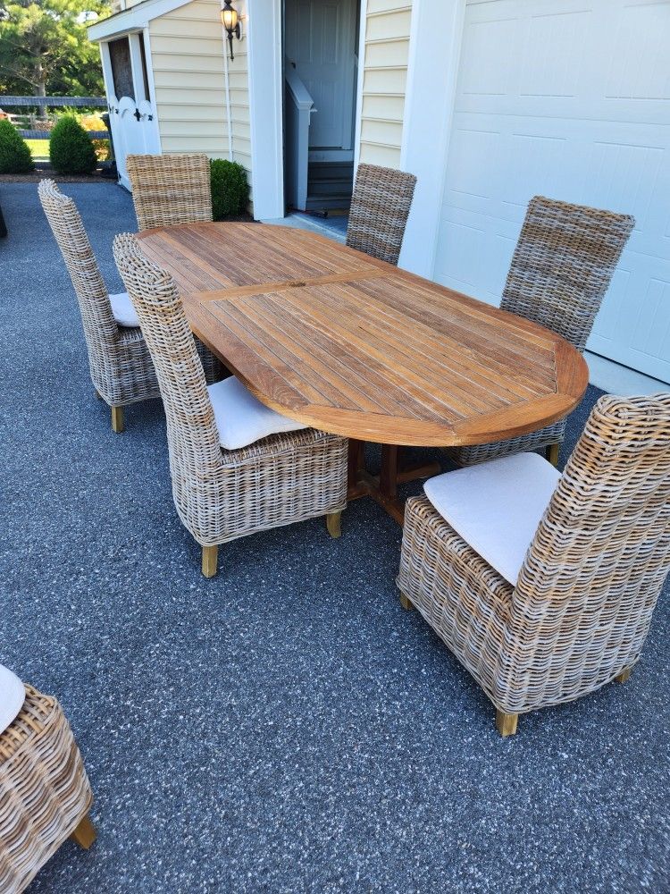 Country Casual Teak Outdoor Dining Table & Restoration Hardware Chairs