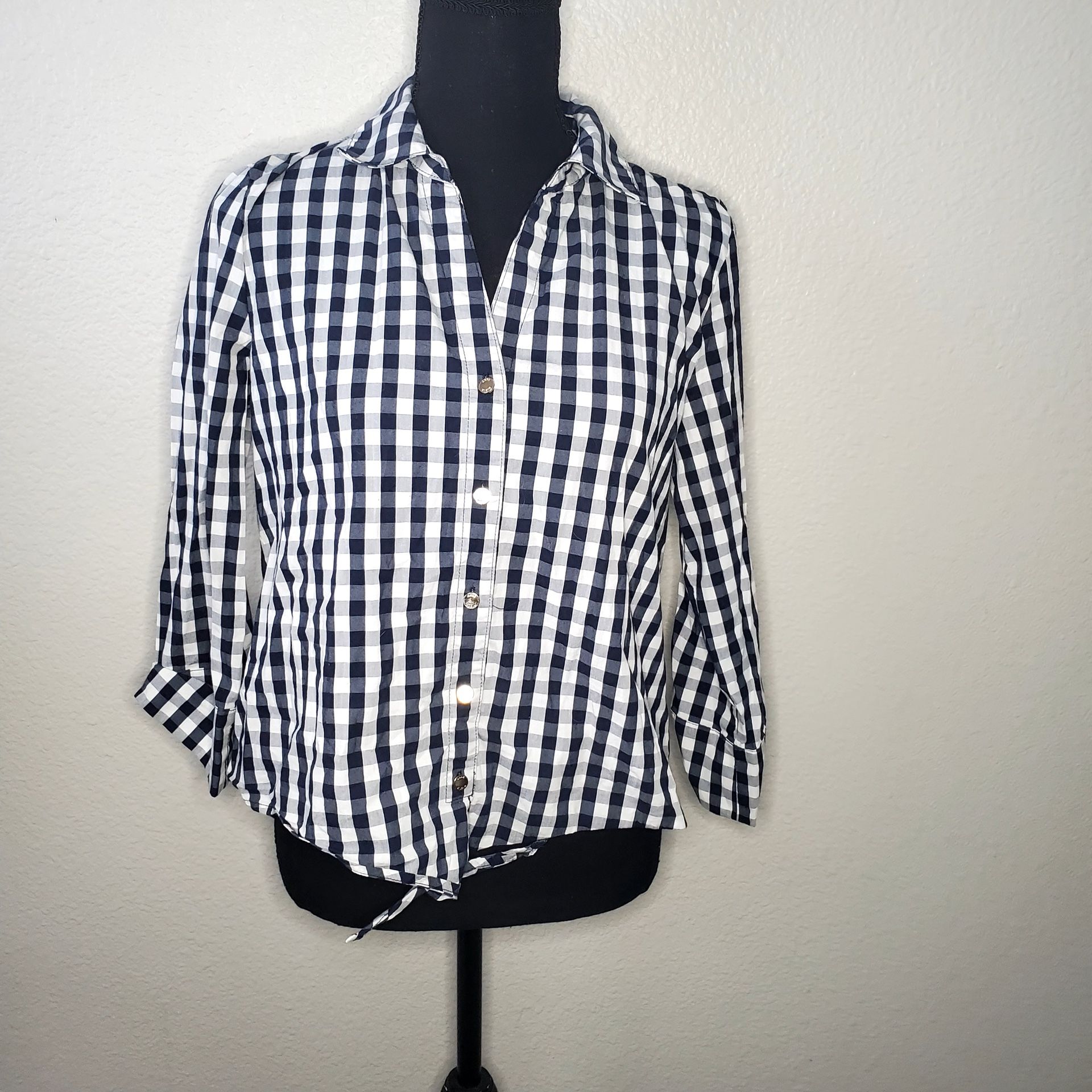 NWOT Ann Klein Women's Blue And White Plaid Button Up Blouse Top Size: Small