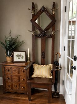 Vintage Hall Tree Entry Bench with Mirror, Coat Hooks & Umbrella Stand