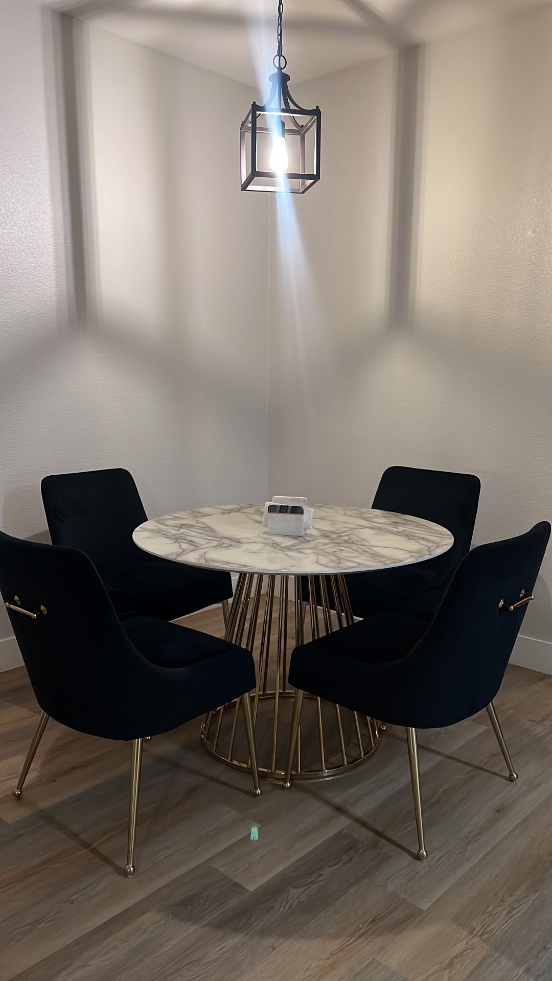 Marble Dining Table with 4 Velvet Black Chairs