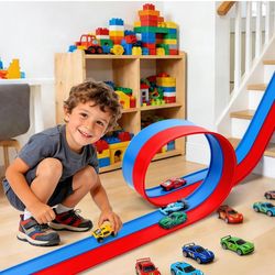 Brand New Flexible Race Track for Kids 15 Ft Starter Set, Flexible Race Car Ramp Track Compatible with Hot Wheels and Diecast 1/64 Cars, Flex Tracks w