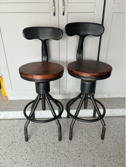 Vintage Industrial Metal Swivel Bar Stools Drafting Chairs w/ Wood Seat.