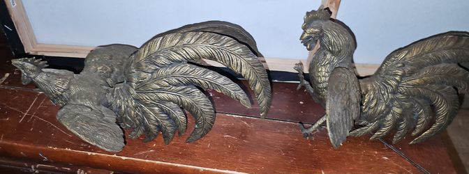 Brass Fighting Roosters - Matched Pair (Gamecocks)