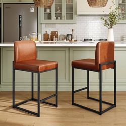 MAISON ARTS Bar Stools Set of 2, 24 Inch Counter Height Barstools with Back, Modern Upholstered Faux Leather Bar Chairs for Kitchen Island & Home Bar,