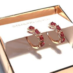 Brand new .925 silver rose gold overlay hoop earrings with red topaz gemstones