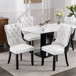 Modern, High-end Tufted Solid Wood Contemporary PU and Velvet Upholstered Dining Chair with Wood Legs Nailhead Trim 4 Pcs Set,White+Black