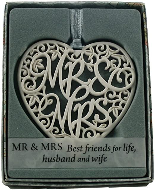 Mr & Mrs Porcelain Look 3.5" Heart Delicate Words New in Gift Box!