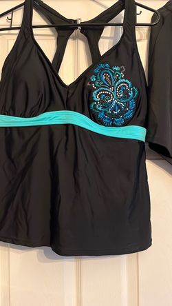 Black Tankini Swim set with Floral Embroidery