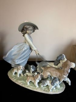 Lladró Girl Walking Dogs Porcelain Figurine