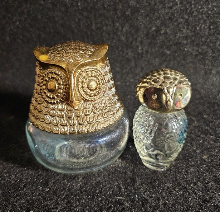 Vintage 60s-70s Avon Gold Owl & Baby Owl Fancy Cologne Bottles In Clear Glass!