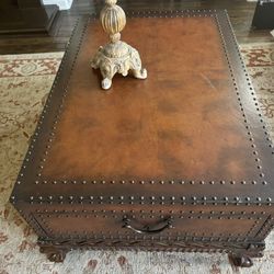 Ralph Lauren Style Coffee Table with Brass Nail Heads, Ball & Claw Feet & 2 Drawers 