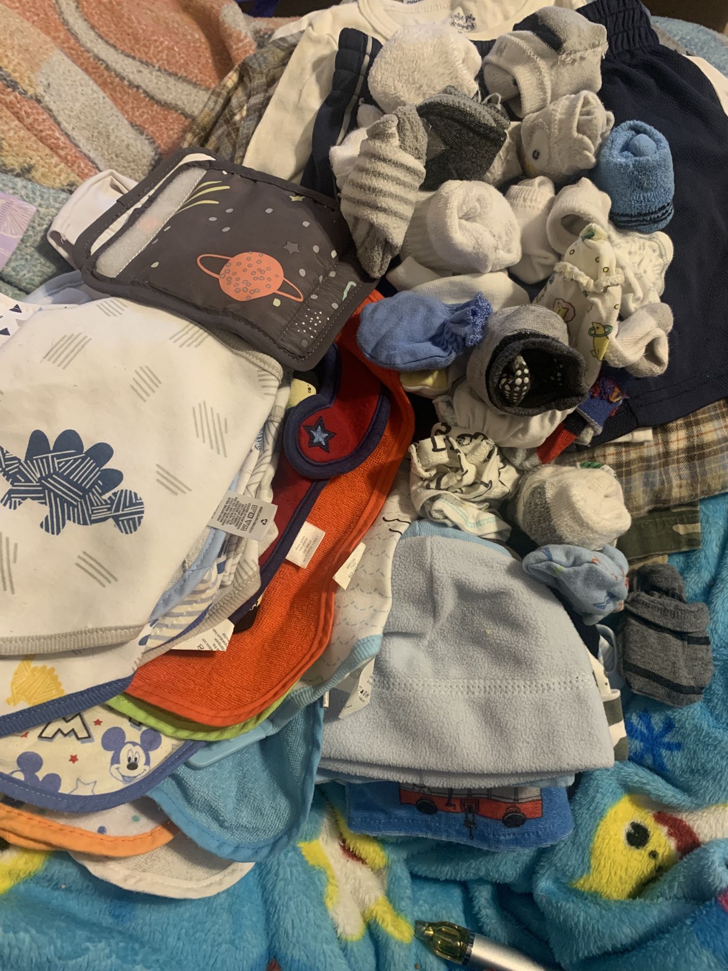 Assorted Baby Bibs, Hats, Socks, Mittens, 1 Paid Of Slippers& Blankets